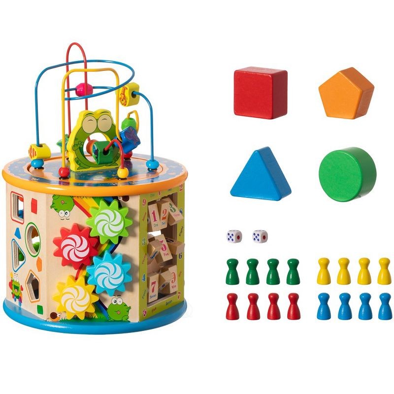 Cub activitati educative copii, 8 in 1, ceas, labirinturi, abac, forme geometrice, multicolor, lemn MultiMark GlobalProd