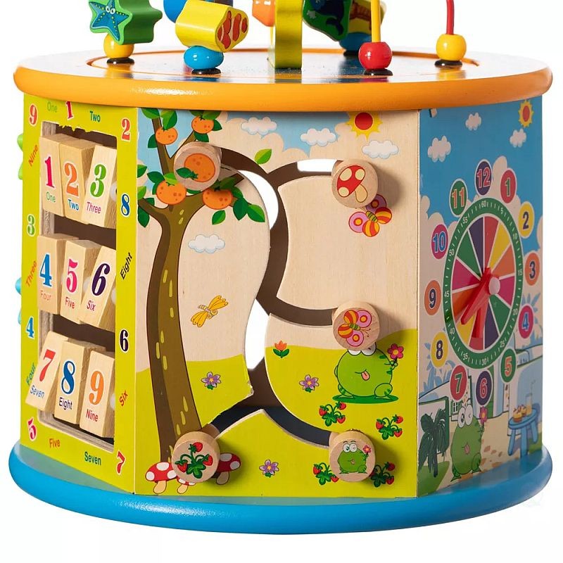 Cub activitati educative copii, 8 in 1, ceas, labirinturi, abac, forme geometrice, multicolor, lemn MultiMark GlobalProd