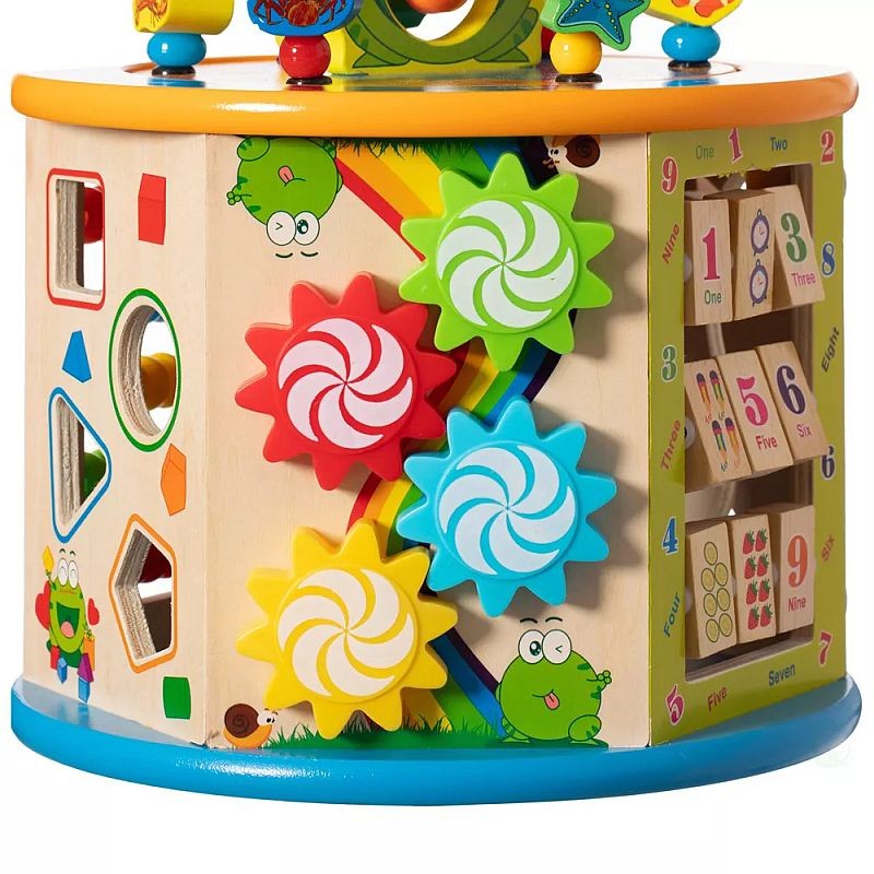 Cub activitati educative copii, 8 in 1, ceas, labirinturi, abac, forme geometrice, multicolor, lemn MultiMark GlobalProd