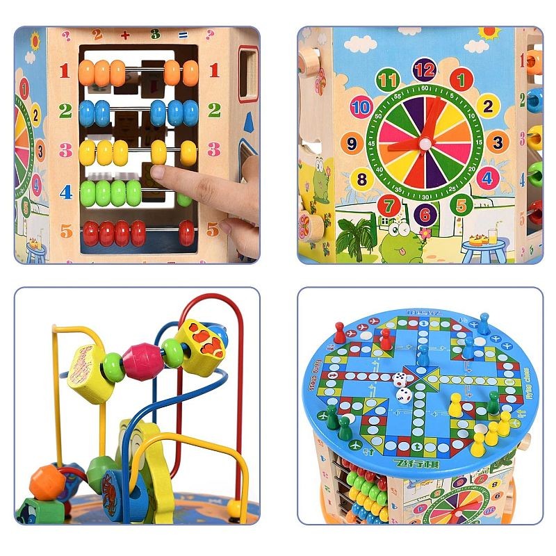 Cub activitati educative copii, 8 in 1, ceas, labirinturi, abac, forme geometrice, multicolor, lemn MultiMark GlobalProd