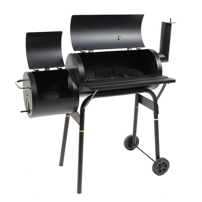 Gratar bbq pentru carbuni, 2 compartimente, grill si afumatoare, raft, horn, roti transport, termometru MultiMark GlobalProd