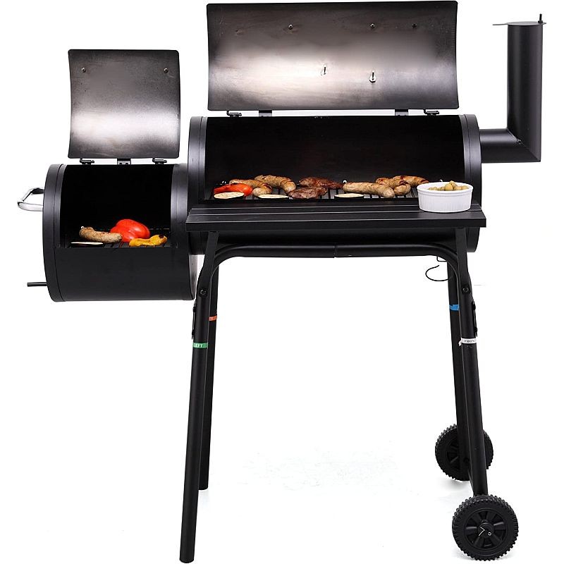 Gratar bbq pentru carbuni, 2 compartimente, grill si afumatoare, raft, horn, roti transport, termometru MultiMark GlobalProd