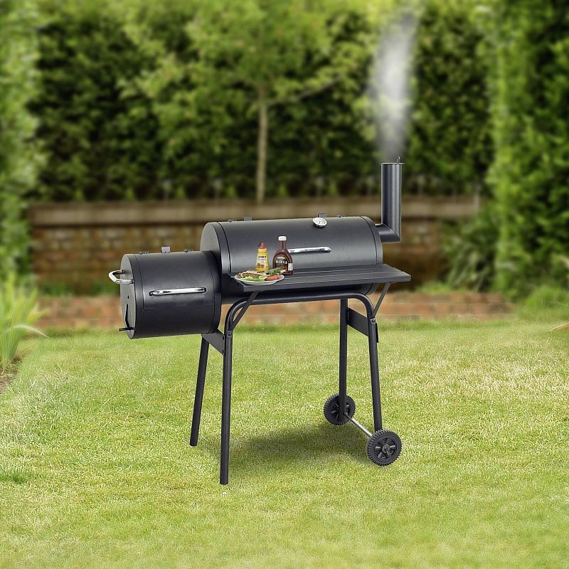Gratar bbq pentru carbuni, 2 compartimente, grill si afumatoare, raft, horn, roti transport, termometru MultiMark GlobalProd
