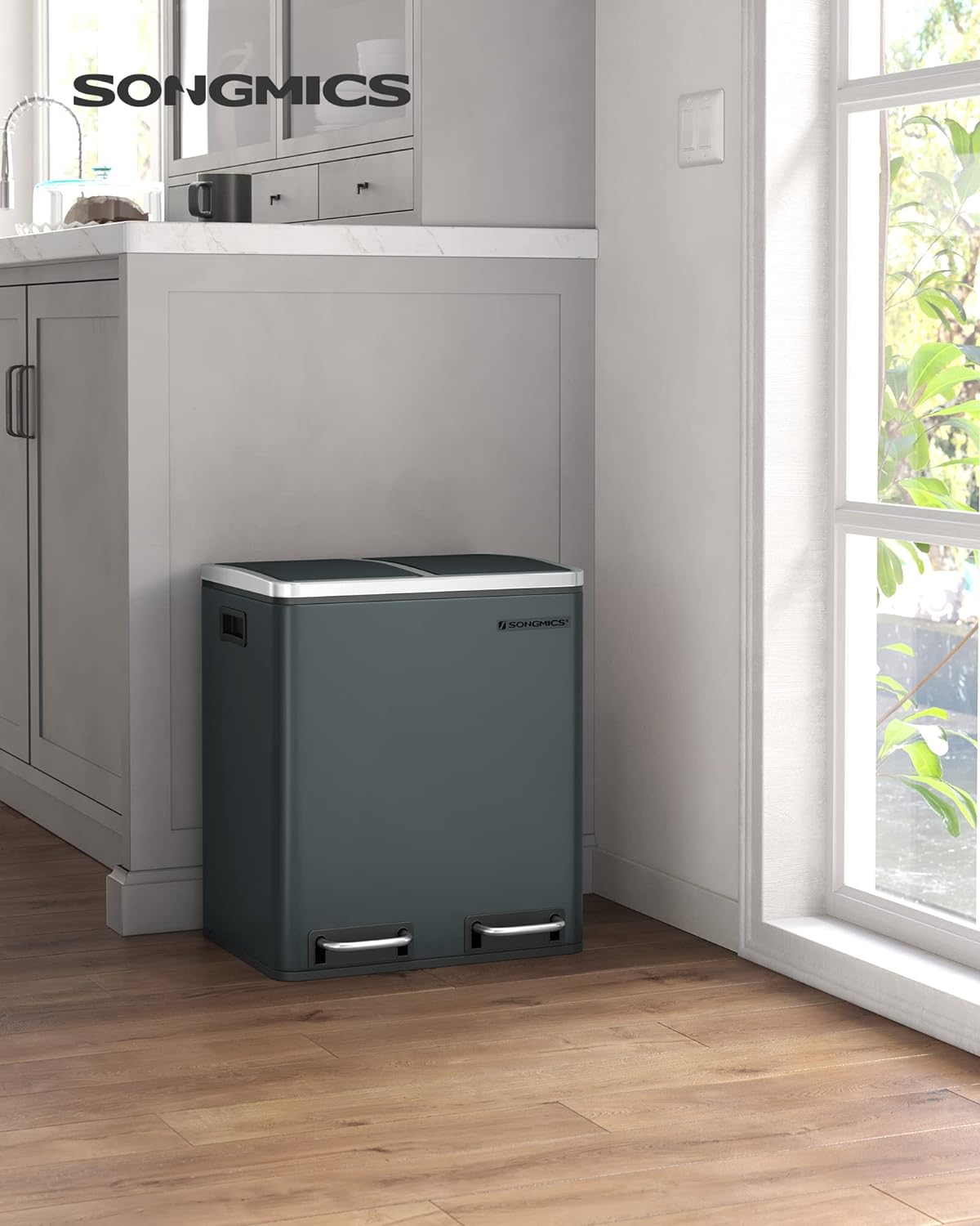 SONGMICS Cos de gunoi din inox cu 2 compartimente colectare selectiva, cu galeti interioare, 2x15litri, gri Household NewTrend