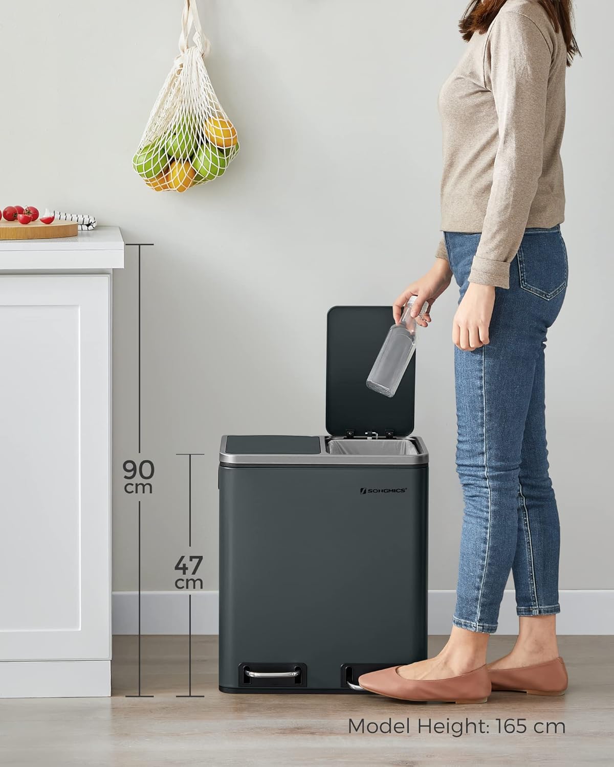 SONGMICS Cos de gunoi din inox cu 2 compartimente colectare selectiva, cu galeti interioare, 2x15litri, gri Household NewTrend