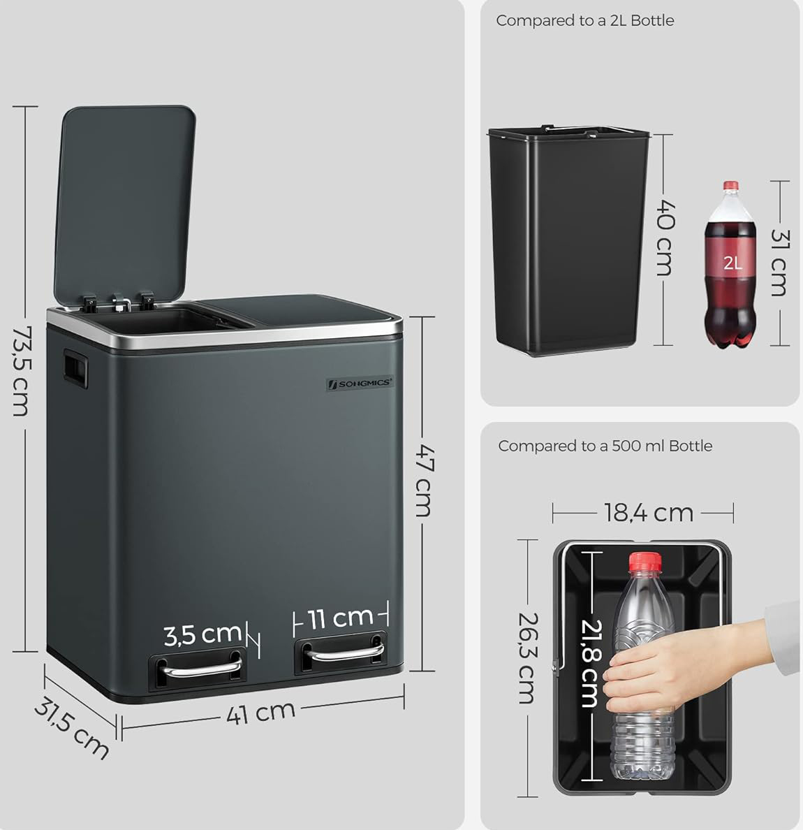 SONGMICS Cos de gunoi din inox cu 2 compartimente colectare selectiva, cu galeti interioare, 2x15litri, gri Household NewTrend