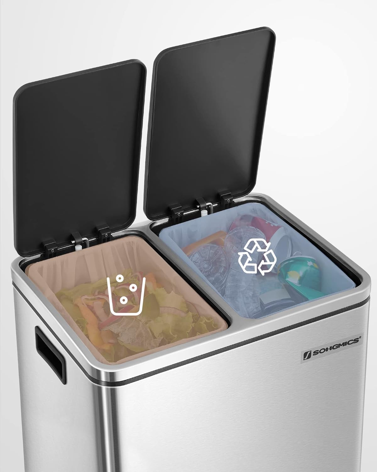 SONGMICS Cos de gunoi din inox cu 2 compartimente colectare selectiva, cu galeti interioare, 2x15litri, argintiu si negru Household NewTrend