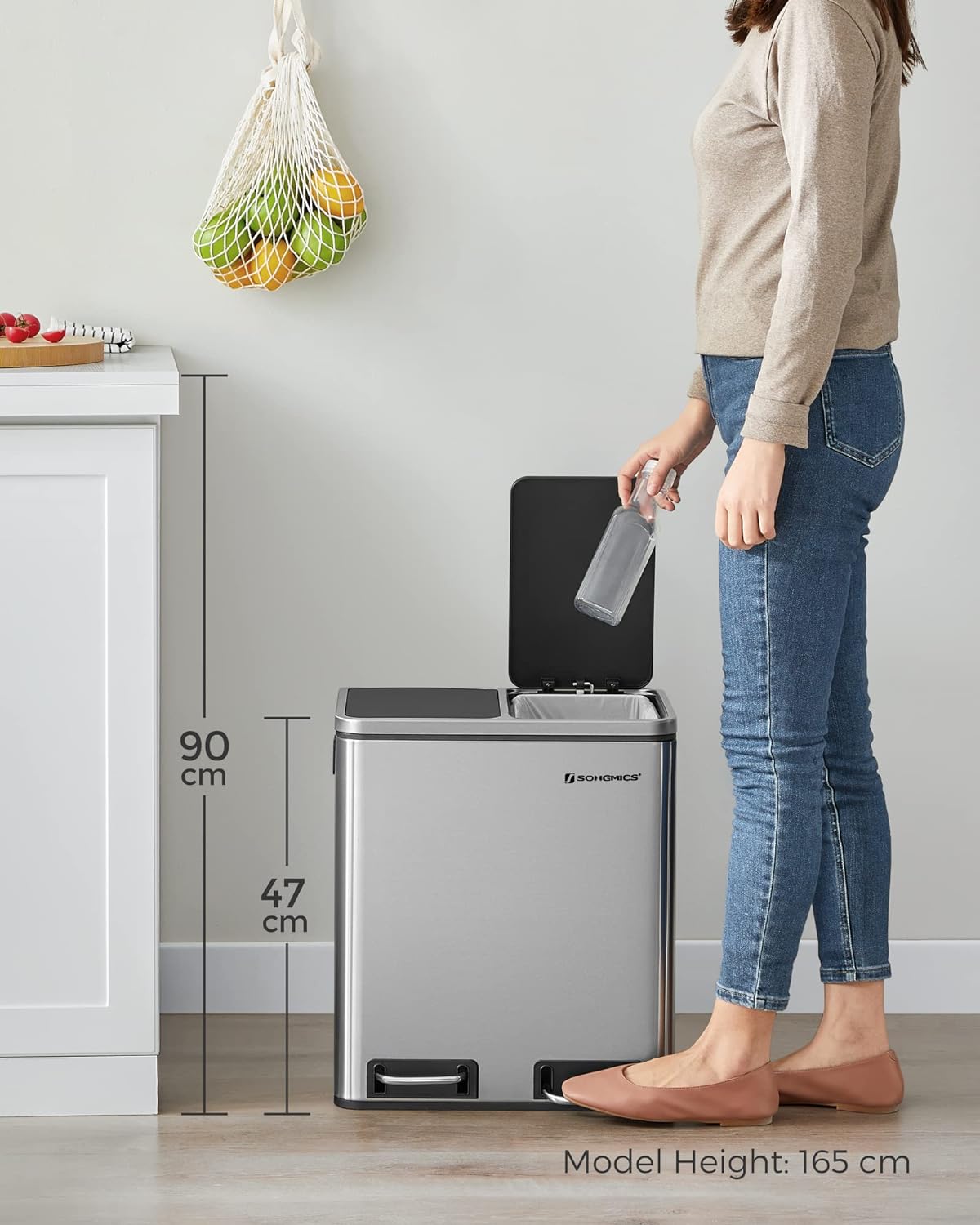 SONGMICS Cos de gunoi din inox cu 2 compartimente colectare selectiva, cu galeti interioare, 2x15litri, argintiu si negru Household NewTrend