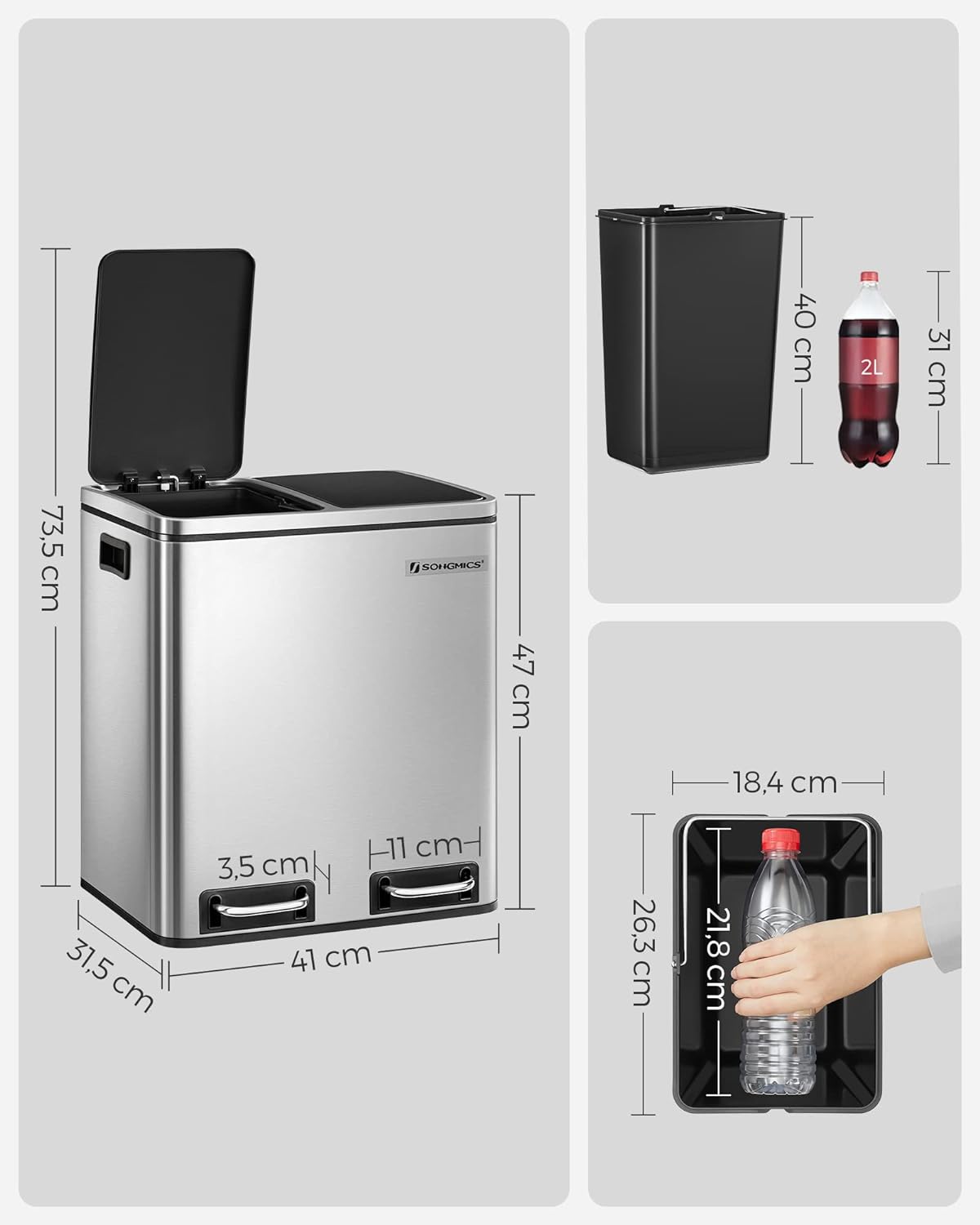 SONGMICS Cos de gunoi din inox cu 2 compartimente colectare selectiva, cu galeti interioare, 2x15litri, argintiu si negru Household NewTrend