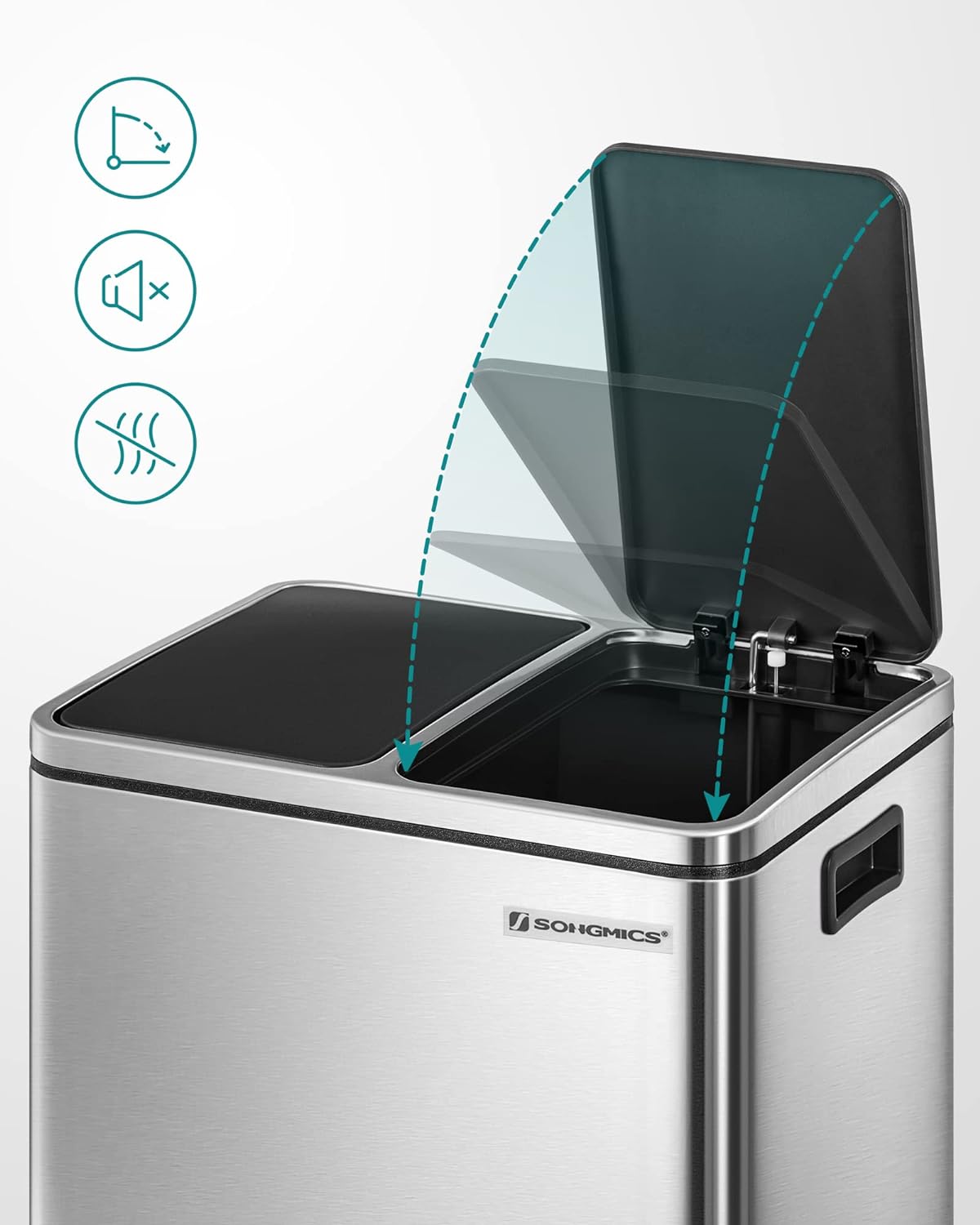 SONGMICS Cos de gunoi din inox cu 2 compartimente colectare selectiva, cu galeti interioare, 2x15litri, argintiu si negru Household NewTrend