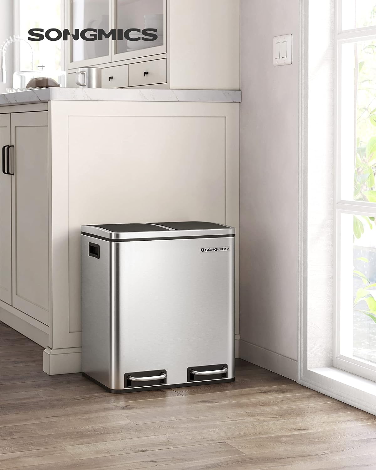 SONGMICS Cos de gunoi din inox cu 2 compartimente colectare selectiva, cu galeti interioare, 2x15litri, argintiu si negru Household NewTrend