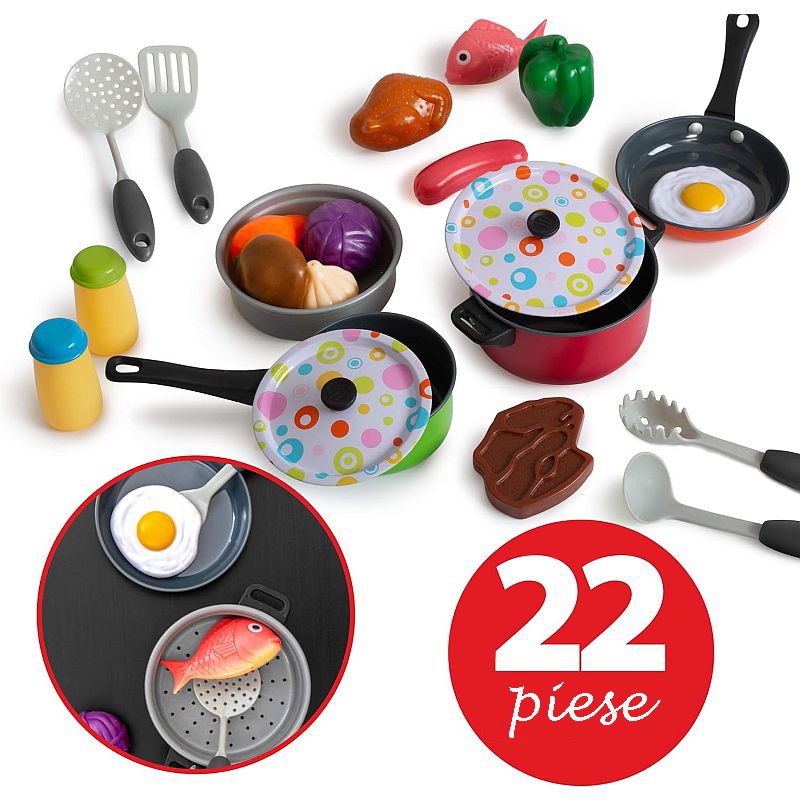 Set 22 accesorii bucatarie copii, alimente, condimente, oale, ustensile, multicolor MultiMark GlobalProd