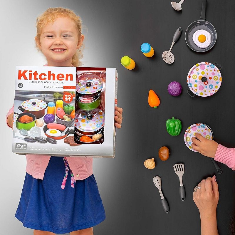 Set 22 accesorii bucatarie copii, alimente, condimente, oale, ustensile, multicolor MultiMark GlobalProd