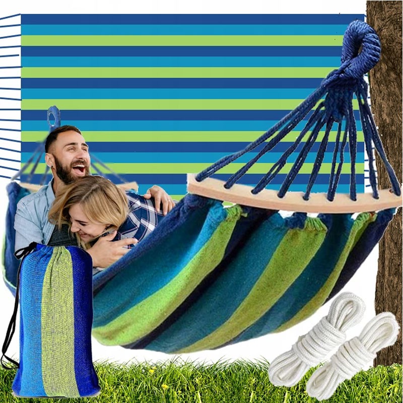 Hamac pentru 2 persoane, 150x200 cm, tija din lemn, maxim 200 kg, husa depozitare, verde/albastru MultiMark GlobalProd