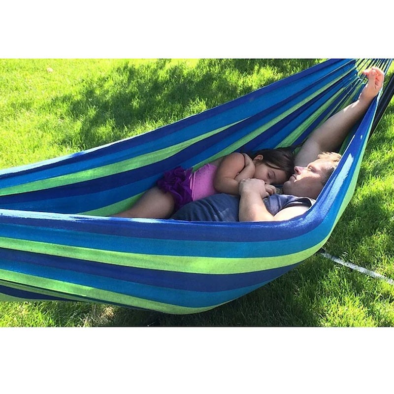 Hamac pentru 2 persoane, 150x200 cm, tija din lemn, maxim 200 kg, husa depozitare, verde/albastru MultiMark GlobalProd