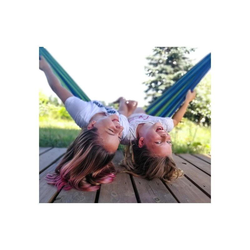 Hamac pentru 2 persoane, 150x200 cm, tija din lemn, maxim 200 kg, husa depozitare, verde/albastru MultiMark GlobalProd