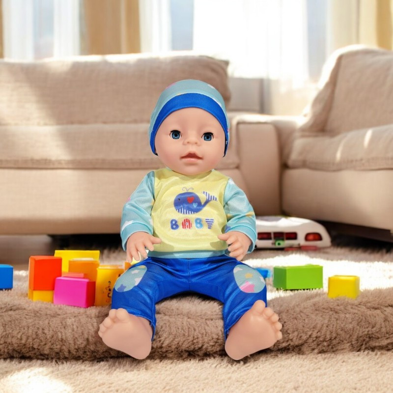Papusa bebelus care face pipi, hainute baietel, inaltime 40 cm, olita, suzeta, sticluta, 3 ani+ MultiMark GlobalProd