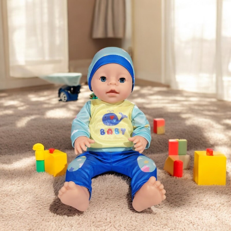 Papusa bebelus care face pipi, hainute baietel, inaltime 40 cm, olita, suzeta, sticluta, 3 ani+ MultiMark GlobalProd