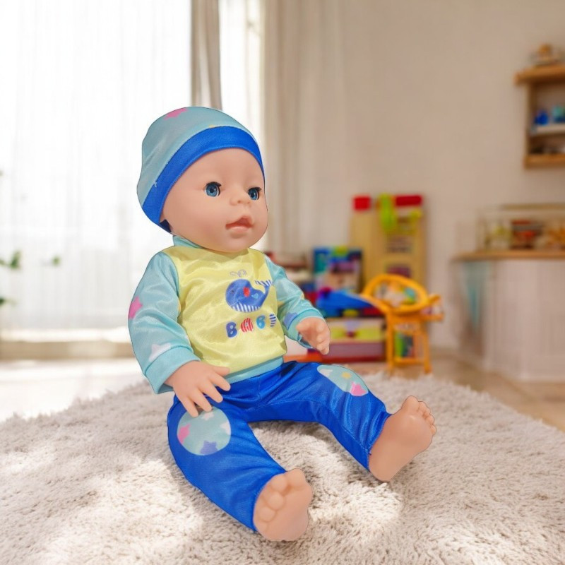 Papusa bebelus care face pipi, hainute baietel, inaltime 40 cm, olita, suzeta, sticluta, 3 ani+ MultiMark GlobalProd