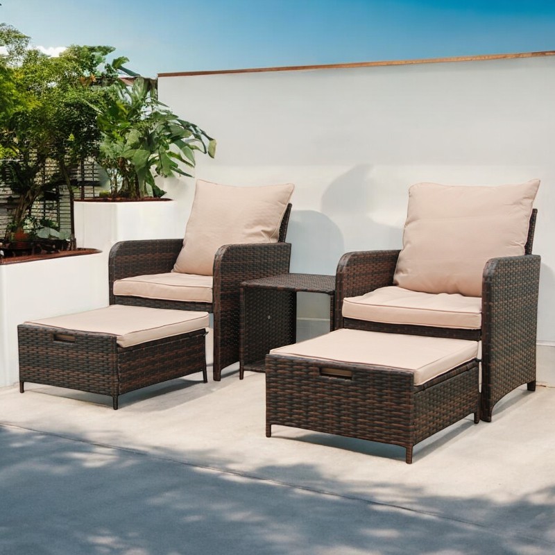 Set mobilier gradina, 2 fotolii si 2 tabureti otoman, masuta cafea, perne incluse, maro MultiMark GlobalProd