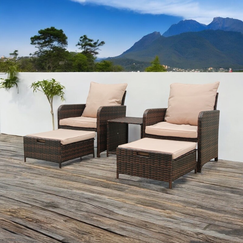 Set mobilier gradina, 2 fotolii si 2 tabureti otoman, masuta cafea, perne incluse, maro MultiMark GlobalProd