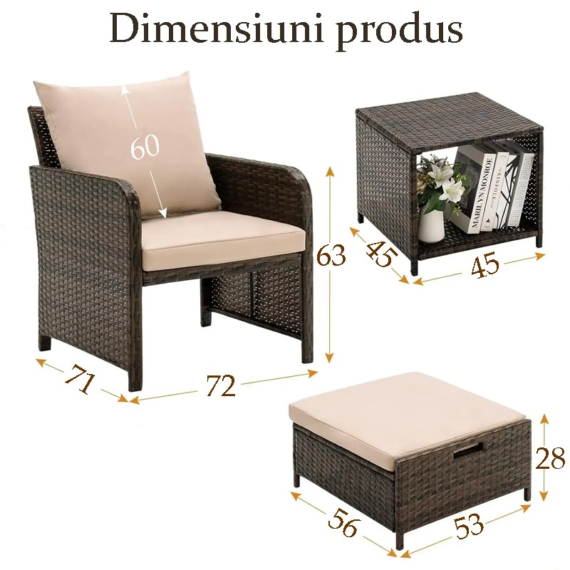 Set mobilier gradina, 2 fotolii si 2 tabureti otoman, masuta cafea, perne incluse, maro MultiMark GlobalProd
