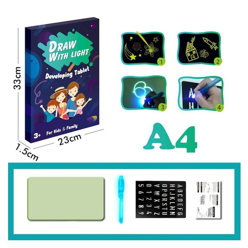 Tablita a4 rescriptibila, fosforescenta, interactiva, cu breloc uv, 3 ani+ MultiMark GlobalProd