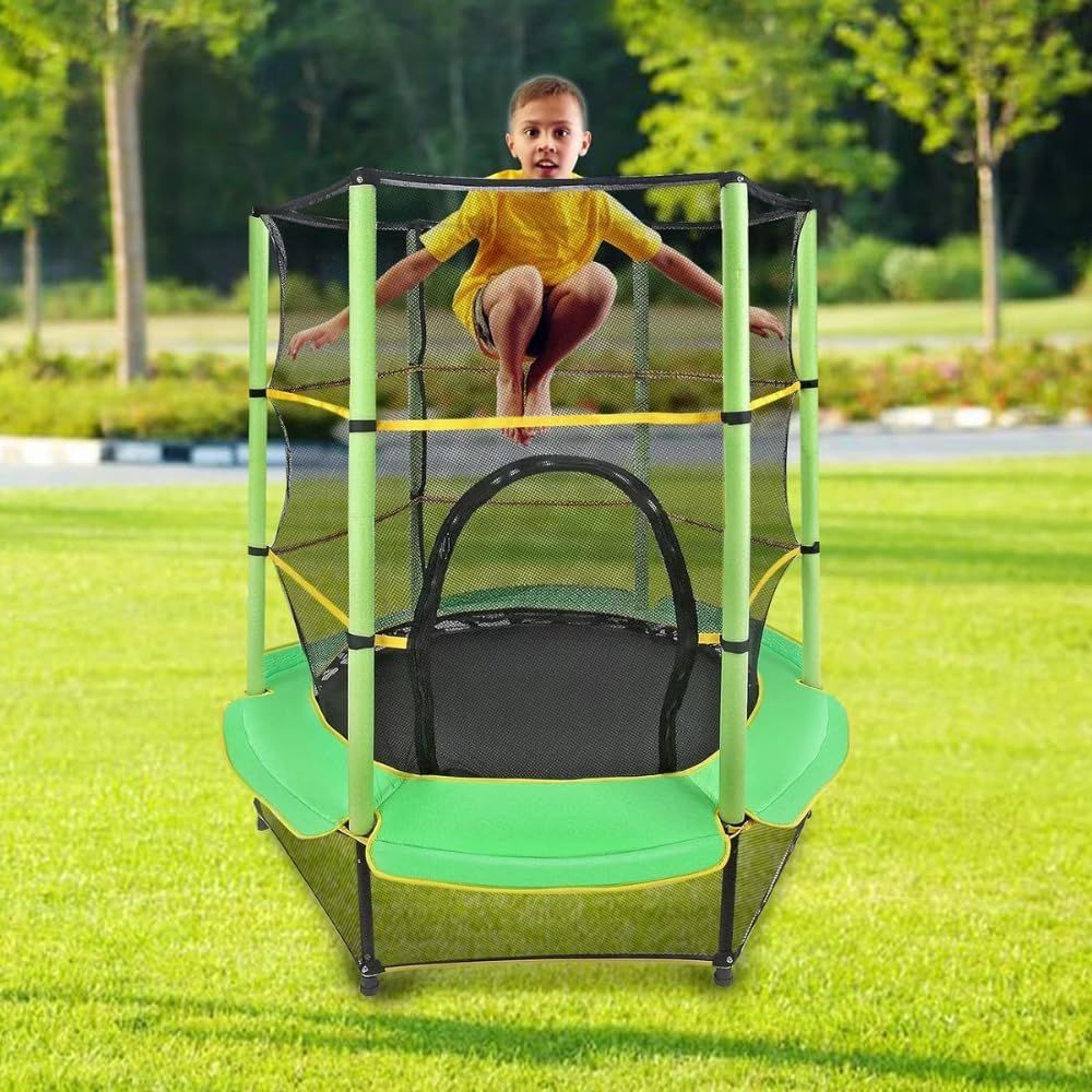 Trambulina copii, diametru 140 cm, maxim 45 kg, cu plasa de protectie, scara acces, verde MultiMark GlobalProd