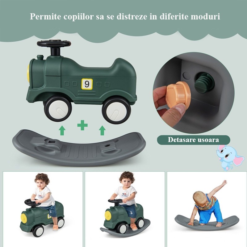 Tren balansoar 2 in 1, maxim 25 kg, volan, unghi balans 40 grade, inaltime 50 cm, verde MultiMark GlobalProd