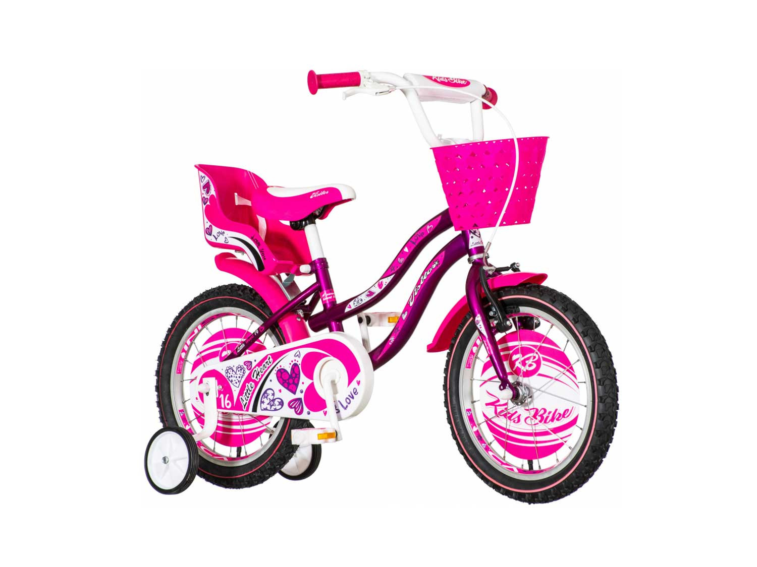 Bicicleta 12 inch, roti ajutatoare, cos fata, scaun papusi, cadru otel 7 inch, mov/alb, , visitor little heart MultiMark GlobalProd