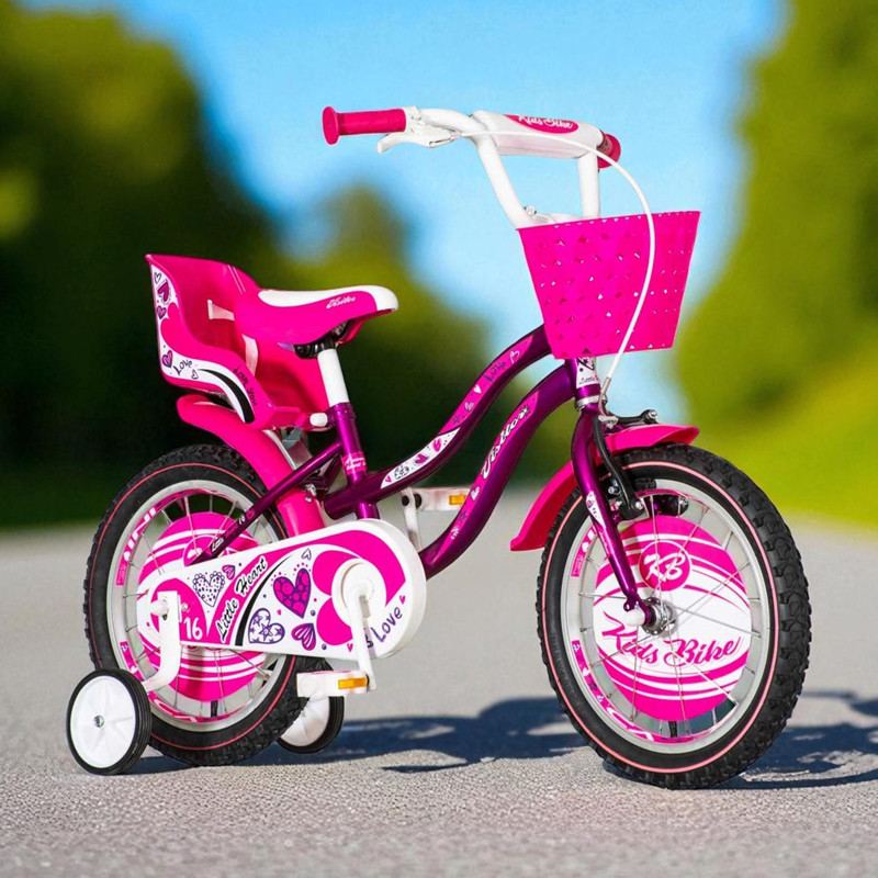 Bicicleta 12 inch, roti ajutatoare, cos fata, scaun papusi, cadru otel 7 inch, mov/alb, , visitor little heart MultiMark GlobalProd