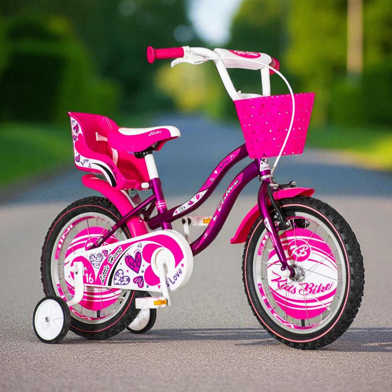 Bicicleta 12 inch, roti ajutatoare, cos fata, scaun papusi, cadru otel 7 inch, mov/alb, , visitor little heart MultiMark GlobalProd