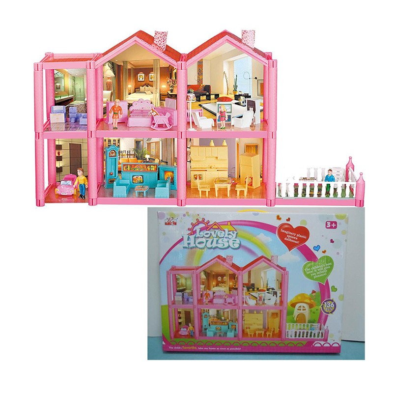 Casuta de papusi, 136 accesorii, 6 camere, terasa, mobilier, figurine, 16x69x36 cm MultiMark GlobalProd