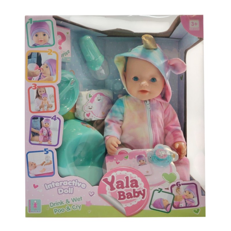 Papusa interactiva, 45 cm, ochi mobili, face pipi, plans cu lacrimi, accesorii incluse, hainute multicolore MultiMark GlobalProd