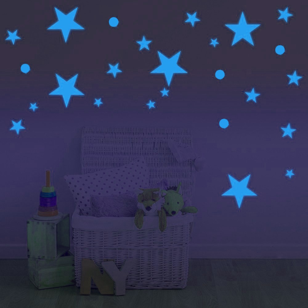 Set 75 stickere fosforescente glow albastre, forme stelute si buline, autoadezive, 1- 4 cm MultiMark GlobalProd