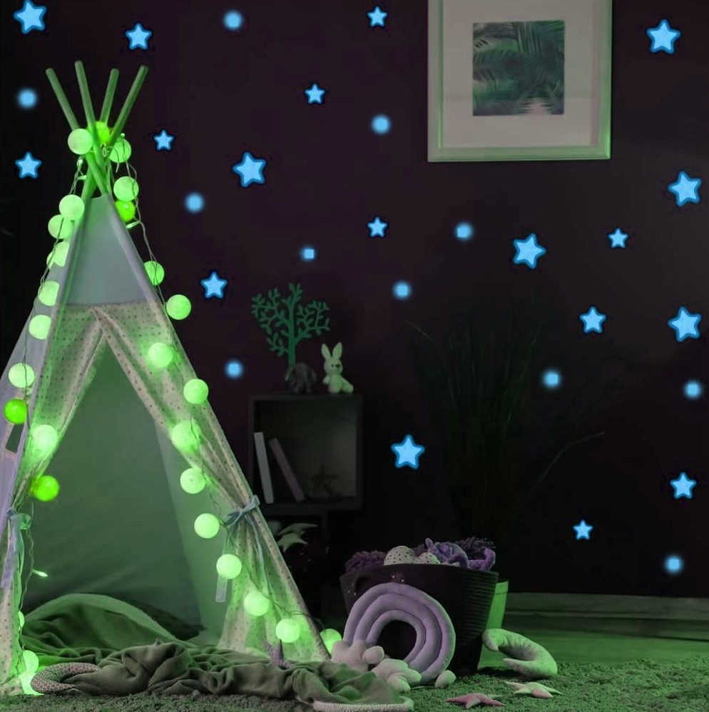 Set 75 stickere fosforescente glow albastre, forme stelute si buline, autoadezive, 1- 4 cm MultiMark GlobalProd