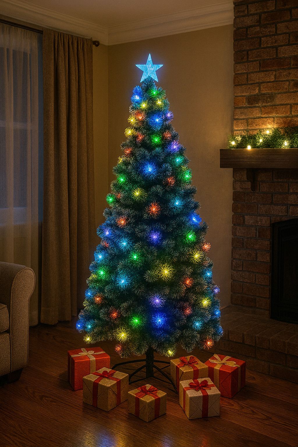 Brad 210 cm iluminat led si fibra optica, varf steluta MultiMark GlobalProd