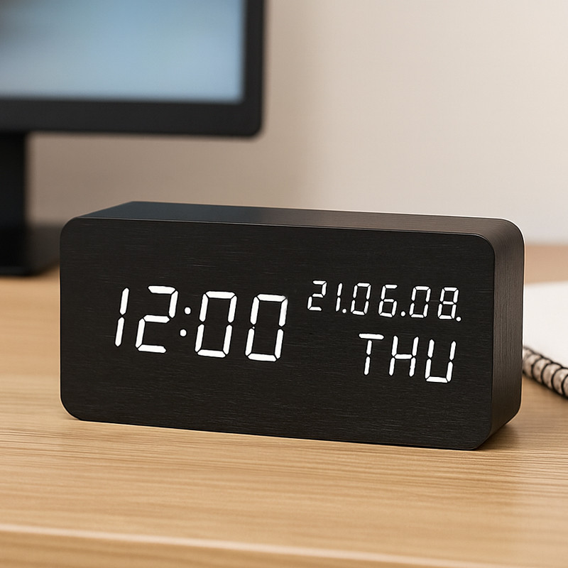 Ceas led digital, de birou, afisaj temperatura/umiditate, alarma, alimentare duala, mdf, negru MultiMark GlobalProd