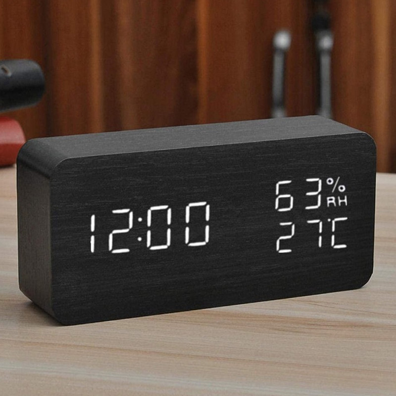 Ceas led digital, de birou, afisaj temperatura/umiditate, alarma, alimentare duala, mdf, negru MultiMark GlobalProd
