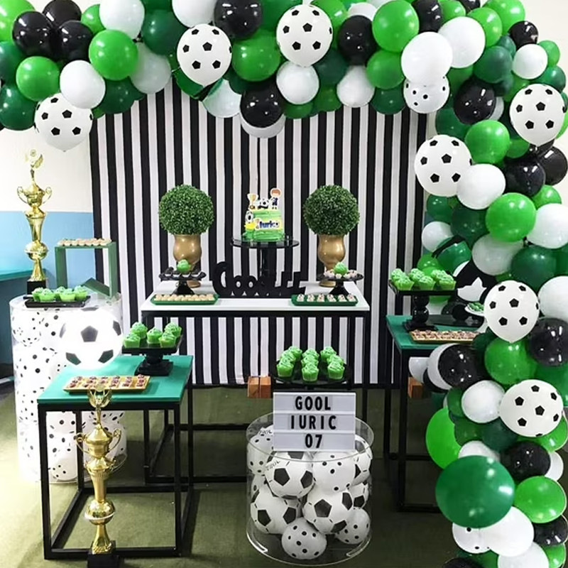 Kit aranjament baloane petrecere, tematica fotbal, 90 bucati, accesorii prindere, alb, negru, verde MultiMark GlobalProd