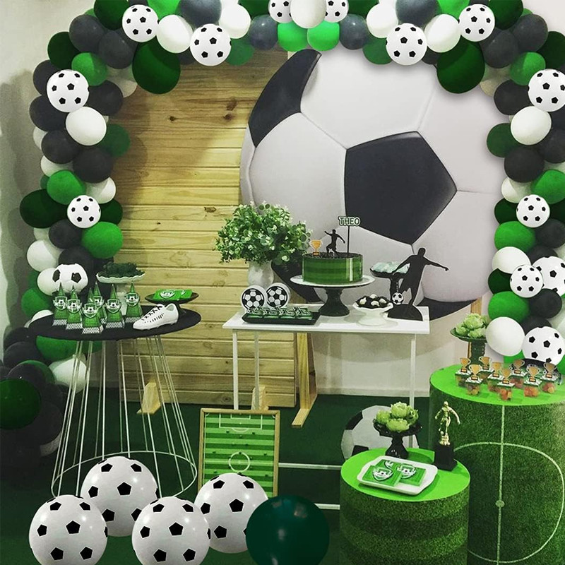 Kit aranjament baloane petrecere, tematica fotbal, 90 bucati, accesorii prindere, alb, negru, verde MultiMark GlobalProd