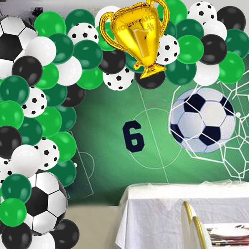 Kit aranjament baloane petrecere, tematica fotbal, 90 bucati, accesorii prindere, alb, negru, verde MultiMark GlobalProd