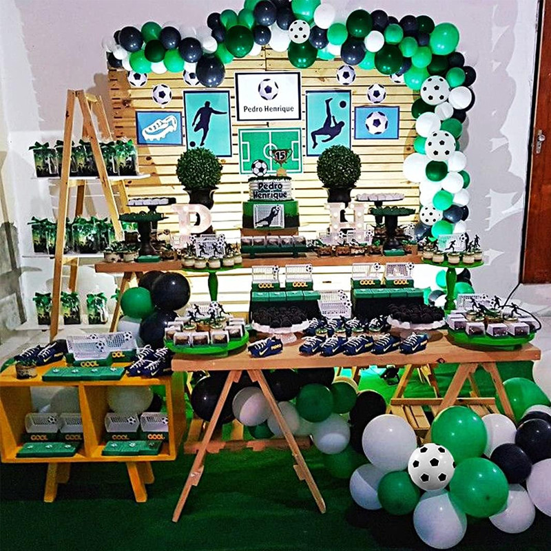 Kit aranjament baloane petrecere, tematica fotbal, 90 bucati, accesorii prindere, alb, negru, verde MultiMark GlobalProd