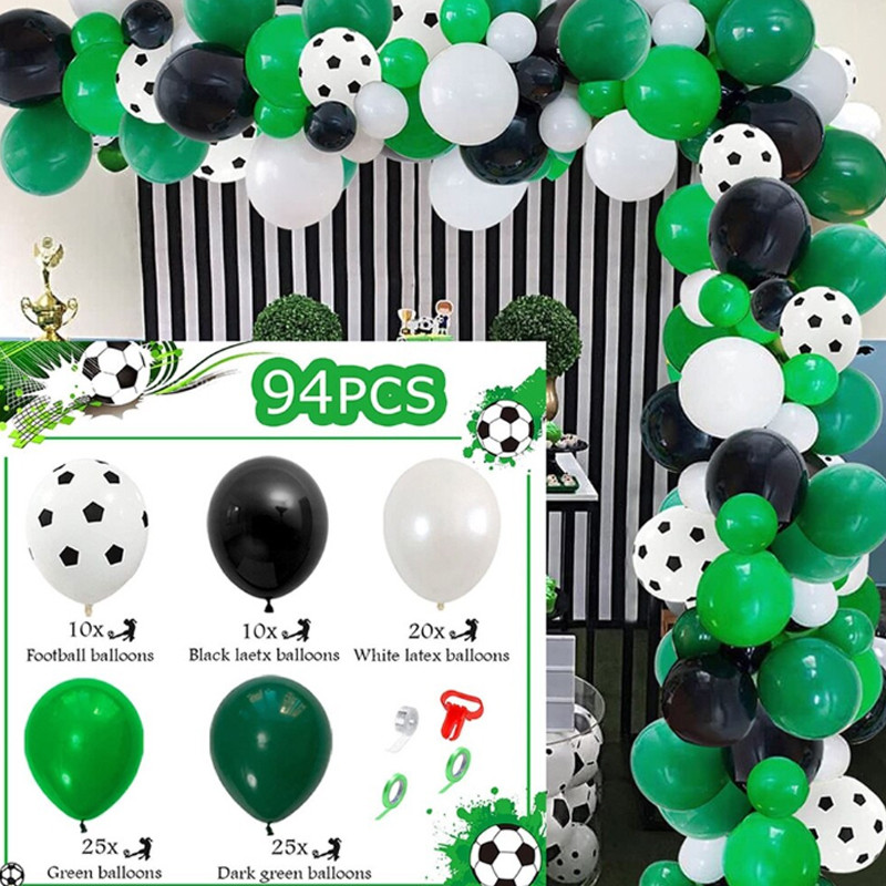 Kit aranjament baloane petrecere, tematica fotbal, 90 bucati, accesorii prindere, alb, negru, verde MultiMark GlobalProd