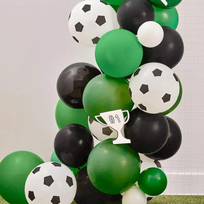 Kit aranjament baloane petrecere, tematica fotbal, 90 bucati, accesorii prindere, alb, negru, verde MultiMark GlobalProd