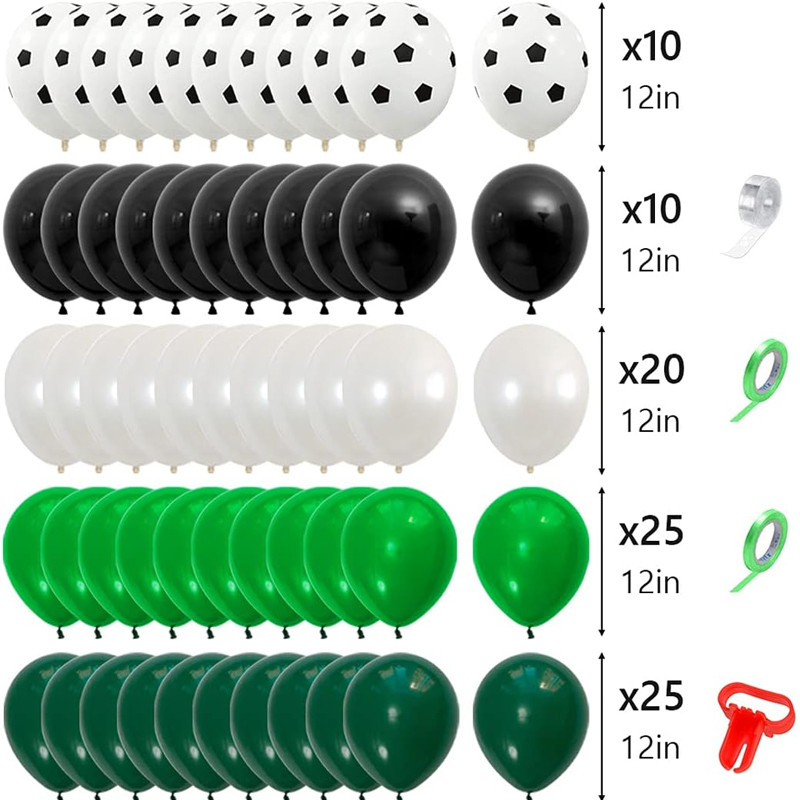 Kit aranjament baloane petrecere, tematica fotbal, 90 bucati, accesorii prindere, alb, negru, verde MultiMark GlobalProd