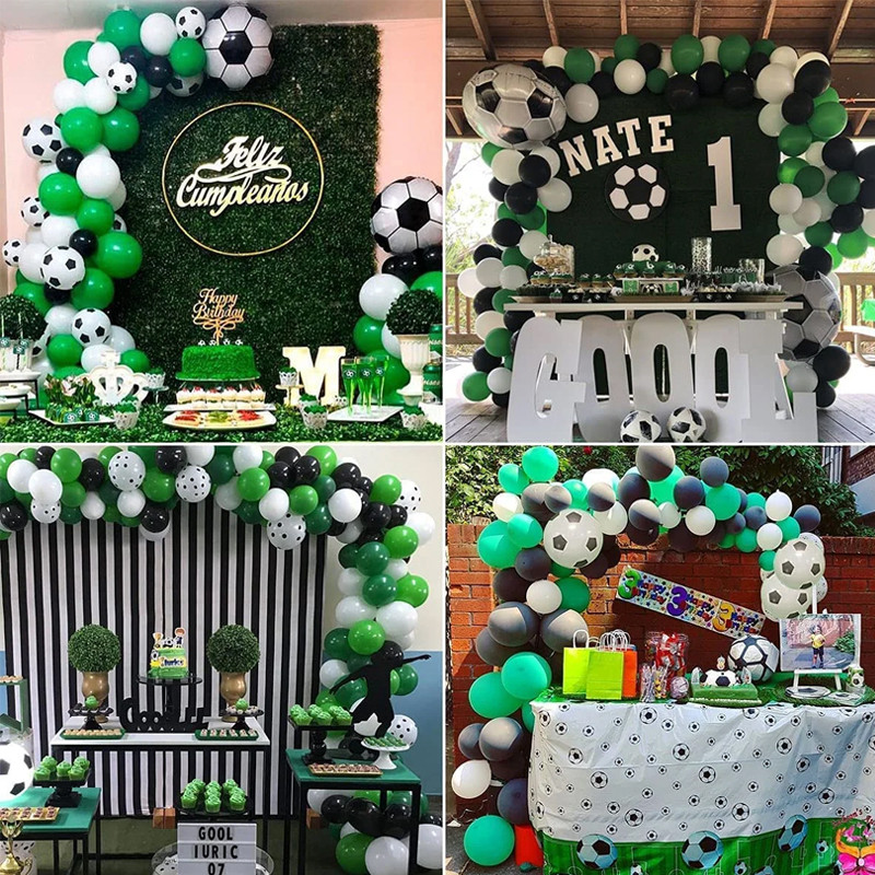 Kit aranjament baloane petrecere, tematica fotbal, 90 bucati, accesorii prindere, alb, negru, verde MultiMark GlobalProd