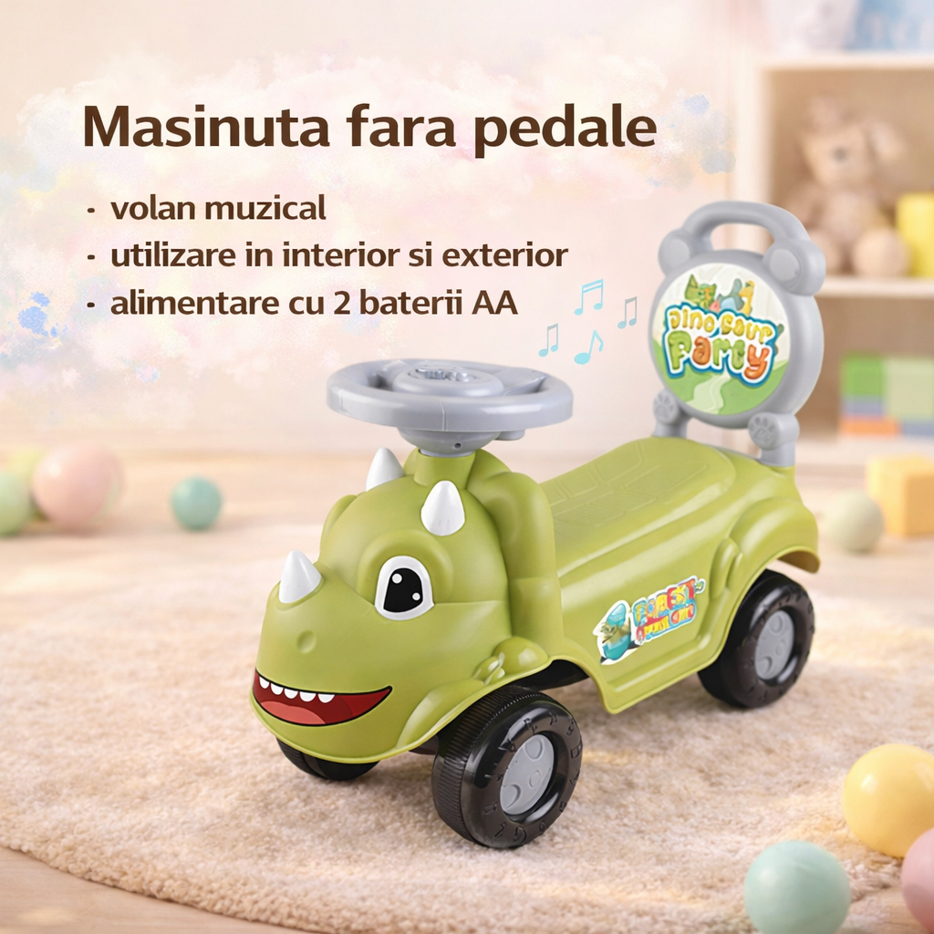 Masinuta fara pedale, model dinozaur, volan muzical, 50x21.5x33 cm, verde MultiMark GlobalProd