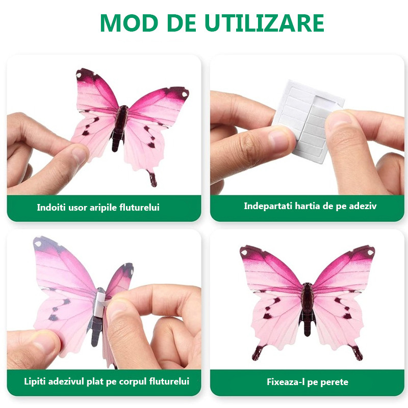 Set 12 fluturi decorativi 3d, fosforescenti, autoadezivi, 6-12 cm, multicolori MultiMark GlobalProd