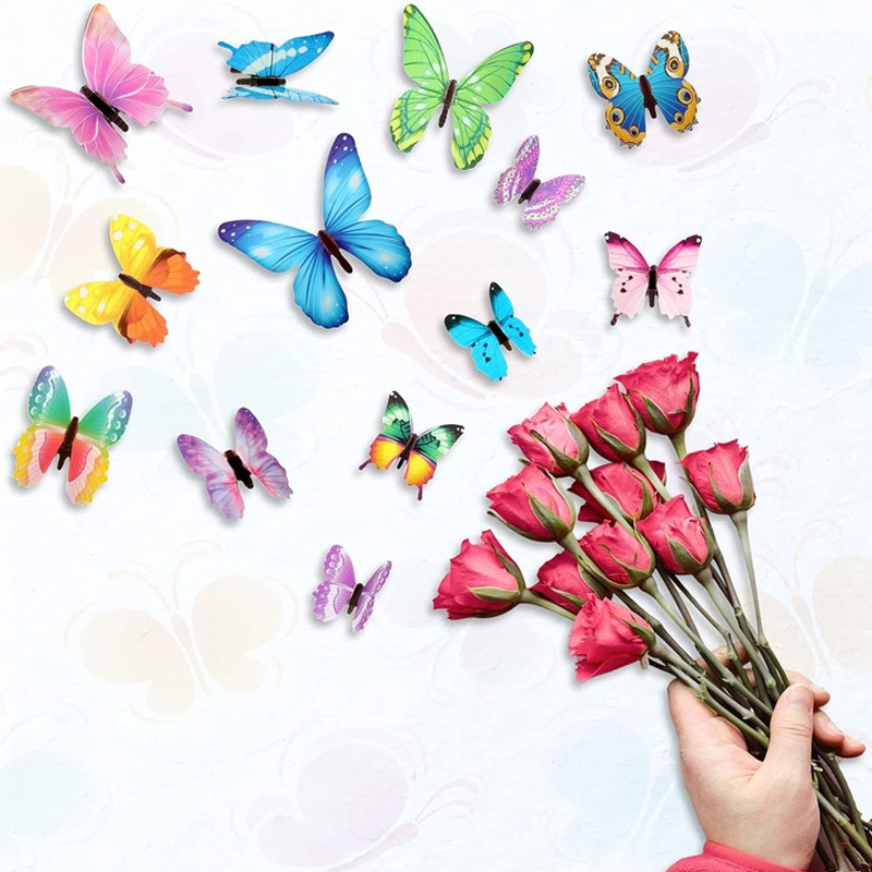 Set 12 fluturi decorativi 3d, fosforescenti, autoadezivi, 6-12 cm, multicolori MultiMark GlobalProd